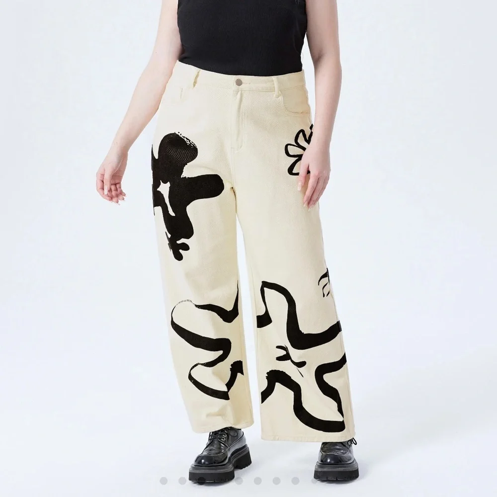 NWT | Cider | Artistic Wide-Leg Jeans with Black Floral Abstract Design